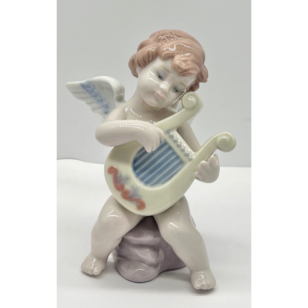 Lladro Angel with Lyre Porcelain Figurine 6528 Cherub Playing Harp Spain 1998